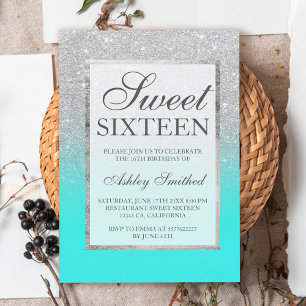 Invitation Faux argent parties scintillant élégant turquoise