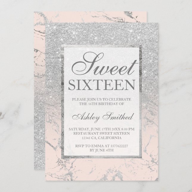 Invitation Faux argent parties scintillant marbre rose élégan (Devant / Derrière)