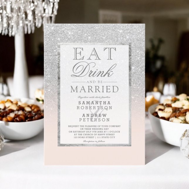 Invitation Faux argent parties scintillant rose pâle boisson  (Faux silver glitter blush pink eat drink wedding invitation)
