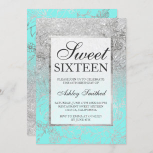 Invitation Faux argent parties scintillant turquoise floral c