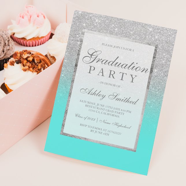 Invitation Faux argent parties scintillant turquoise Graduati (Créateur téléchargé)