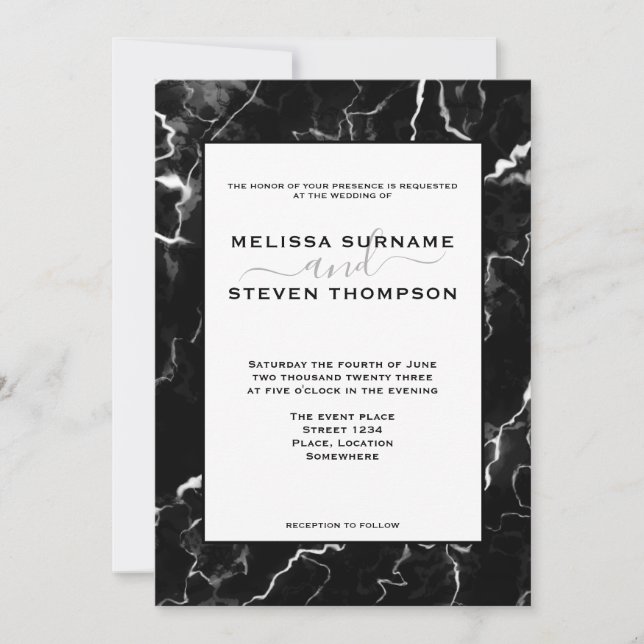 Invitation Faux aspect texture marbre noir Mariage (Devant)