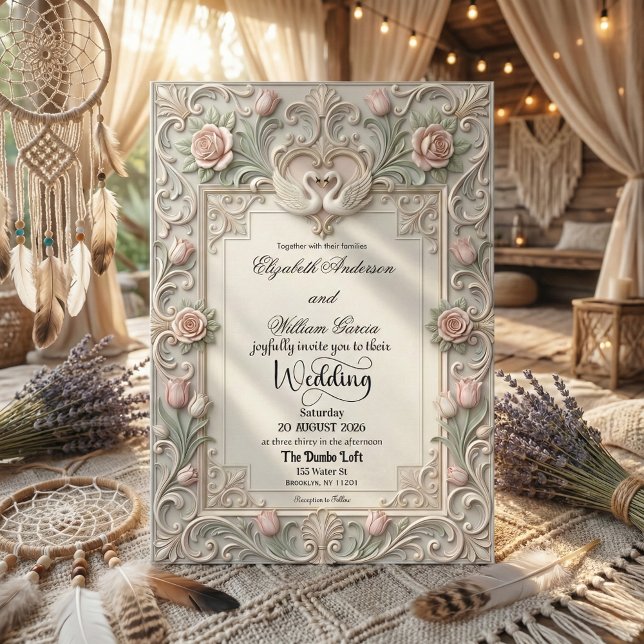 Invitation Faux Bas Relief 3D Sculpted Swans (Créateur téléchargé)