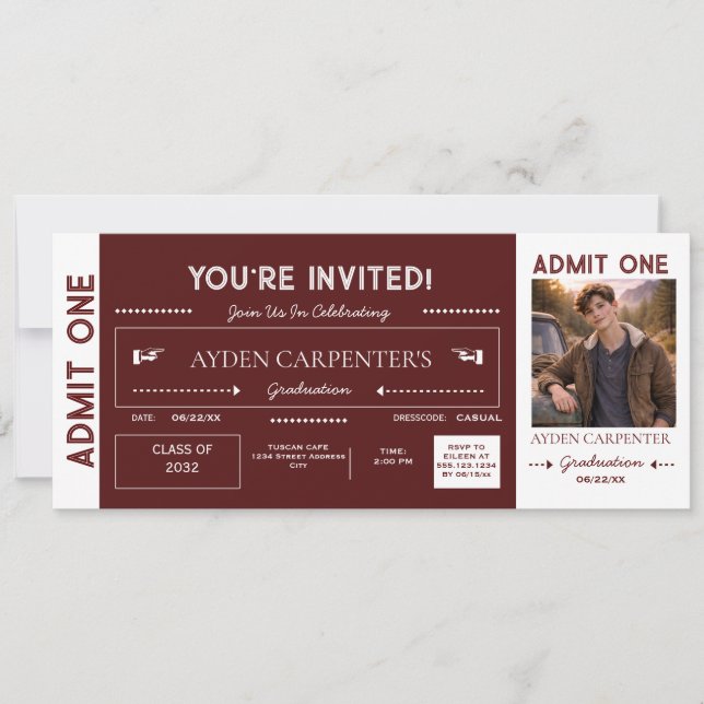 Invitation Faux Billet de remise des diplômes Marron et Blanc (Devant)