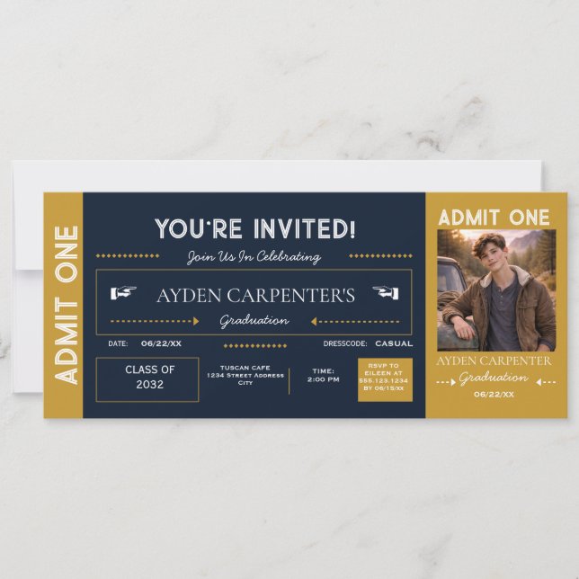 Invitation Faux Billet de Remise des Diplômes Navy & Or |  In (Devant)