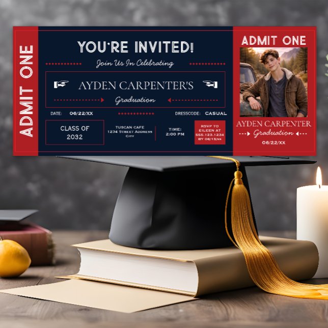 Invitation Faux billet de remise des diplômes Rouge écarlate  (Créateur téléchargé)