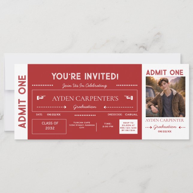 Invitation Faux Billet de Remise des Diplômes Rouge et Blanc  (Devant)