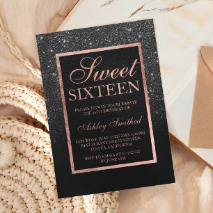 Invitation Faux black glitter elegant rose gold chic Sweet 16