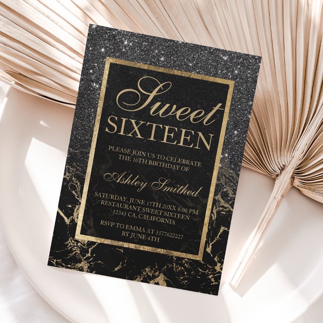 Invitation Faux black glitter gold elegant marble Sweet 16 (Créateur téléchargé)