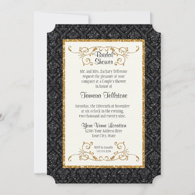 Invitation Faux Black Gold Parties scintillant Damask Style d (Devant)