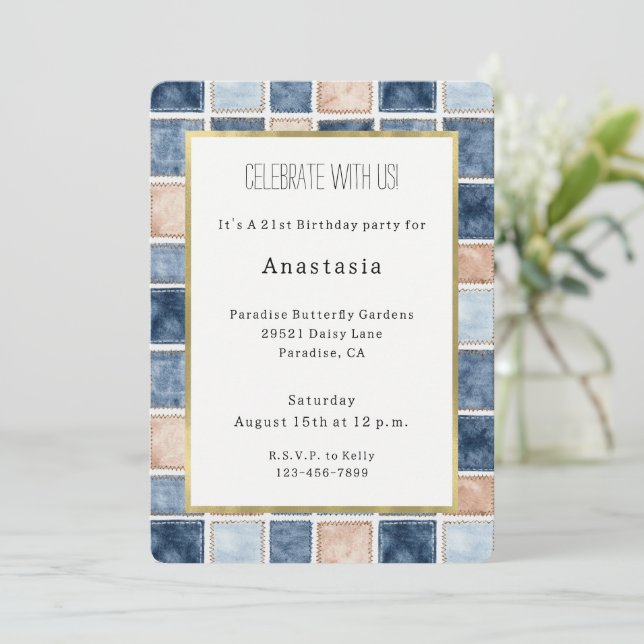 Invitation Faux Bleu Crème Denim Carrés Anniversaire (Debout devant)