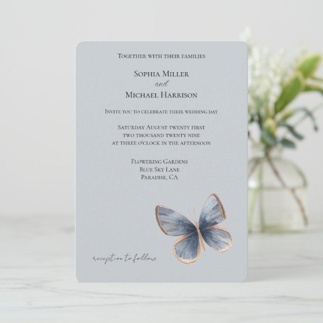 Invitation Faux Blue Denim Butterfly Wedding (Debout devant)