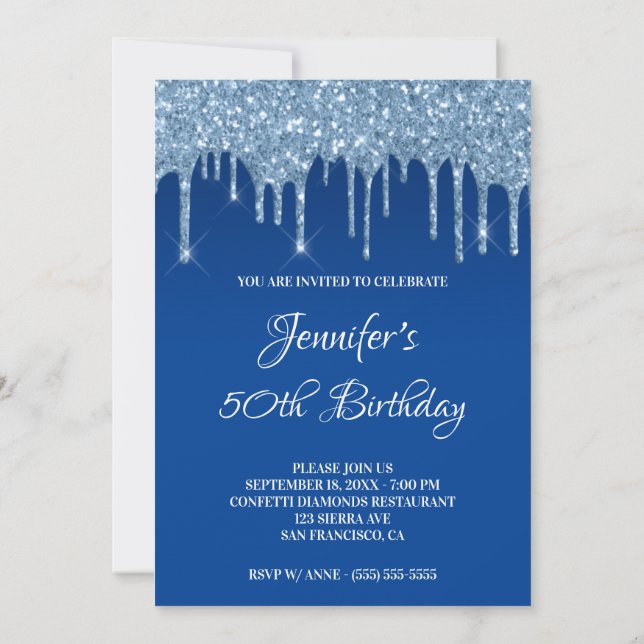 Invitation Faux Blue Parties scintillant Drips 50e anniversai (Dos)