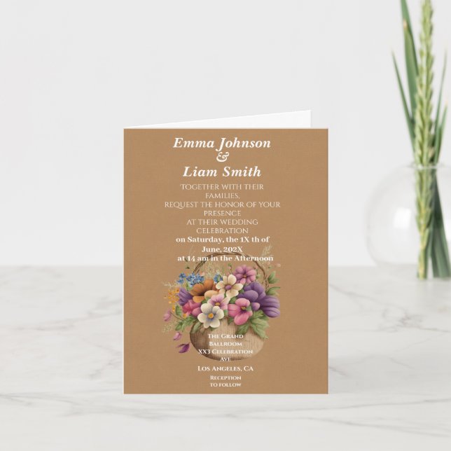 Invitation Faux brun papier artisanal et fleurs mariage (Devant)