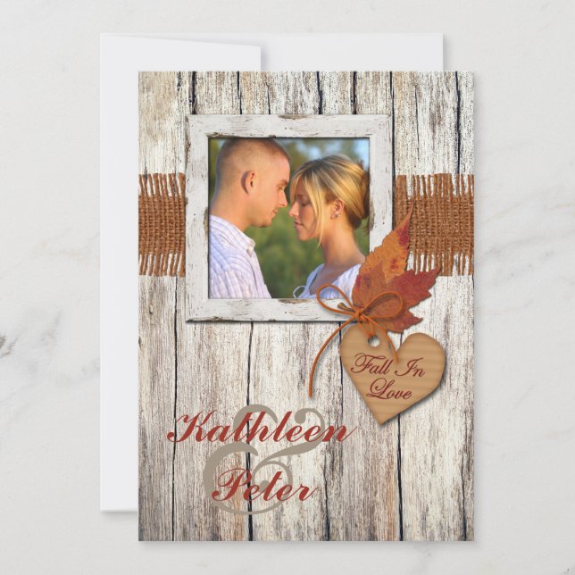 Invitation FAUX Burlap, Bois, Feuille, Mariage PHOTO du coeur (Devant)