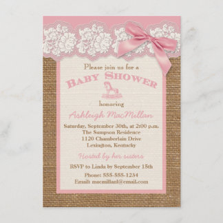 Invitation FAUX Burlap Dentelle d'ivoire, Baby shower rose In