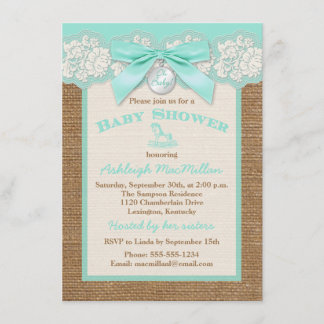 Invitation FAUX Burlap Ivory Lace, Aqua Baby shower Invitatio