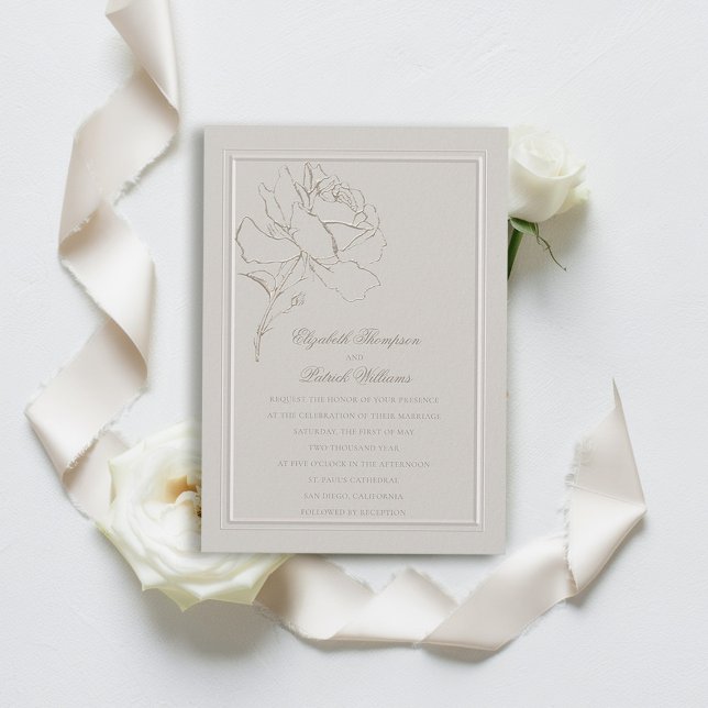 Invitation Faux Cadre Rose Embossé Formel Elégant Mariage (faux embossed rose double frame wedding invitation modern classic traditional formal)