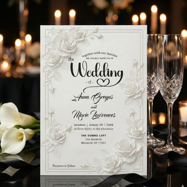 Invitation Faux Carved White Rose Bas Relief Floral Wedding  (Créateur téléchargé)