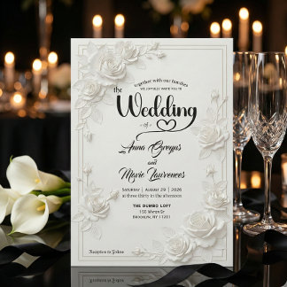 Invitation Faux Carved White Rose Bas Relief Floral Wedding