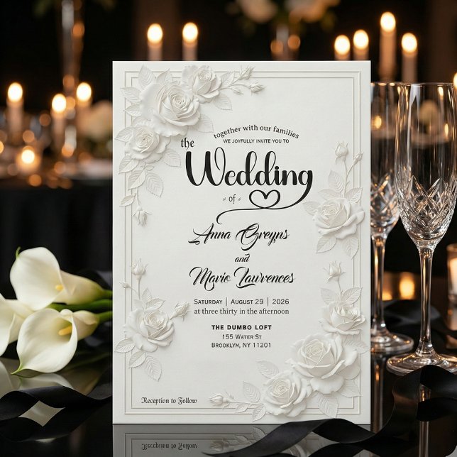 Invitation Faux Carved White Rose Bas Relief Floral Wedding  (Créateur téléchargé)