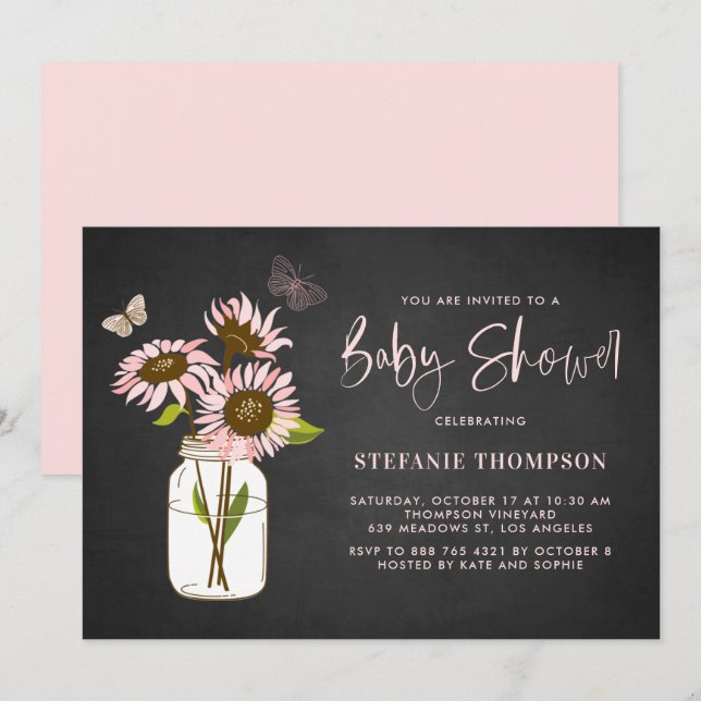 Invitation Faux Chalkboard Baby shower de tournesols roses (Devant / Derrière)