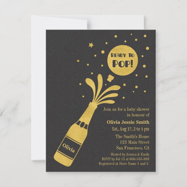 Invitation Faux Champagne Doré Prêt à Exploser Baby Shower (Devant)