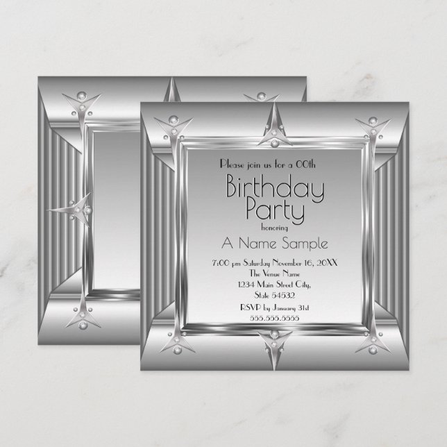 Invitation Faux Chrome Métal argenté aspect Fête d'anniversai (Devant / Derrière)