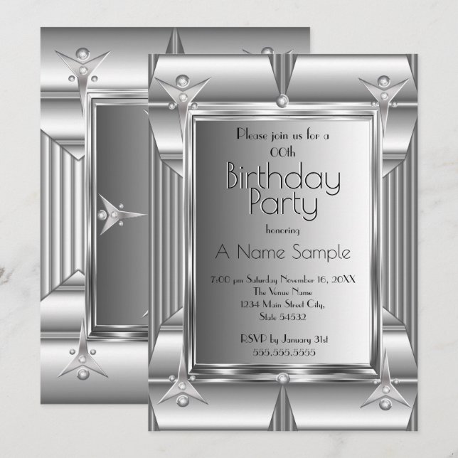 Invitation Faux chrome métal aspect argent Anniversaire  (Devant / Derrière)