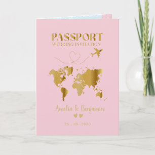 Invitation Faux cœur d'or passeport mariage de destination