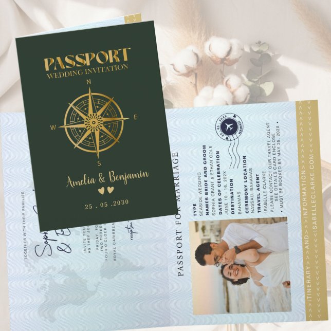 Invitation Faux compas de voyage passeport destination or (Créateur téléchargé)