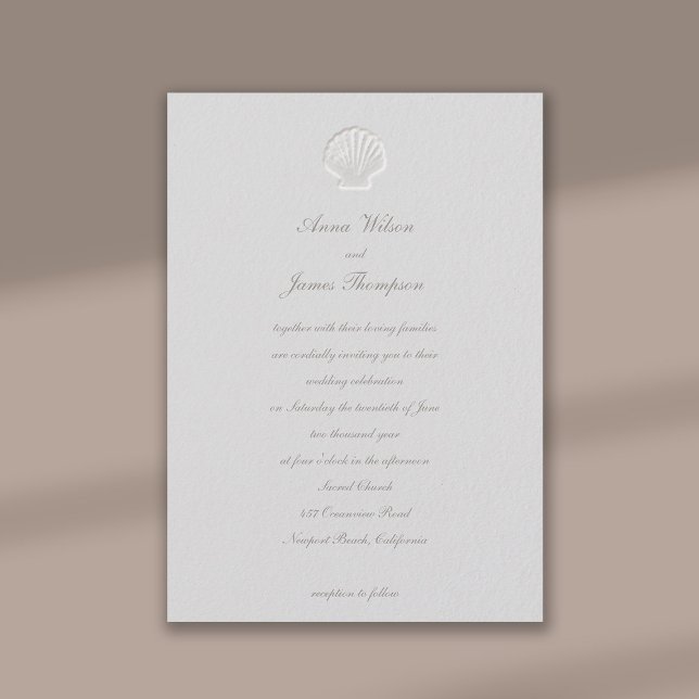Invitation Faux Coquillages Embossés Mariage classique (formal traditional wedding invitation nautical seashell beach ocean sea lake yacht faux embossed)