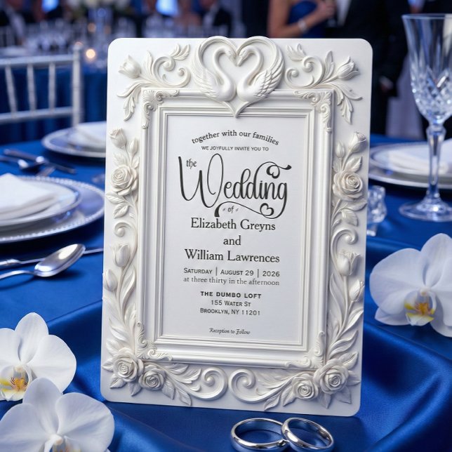 Invitation Faux cygnes gaufrés & Roses Mariage Conte de Fées (Créateur téléchargé)