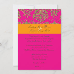 Invitation Faux damas or/ orange/rose vif