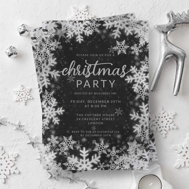 Invitation Faux d'argent noir Foil Fête de Noël (Black Silver Faux Foil Snowflakes Christmas Party Invitation)
