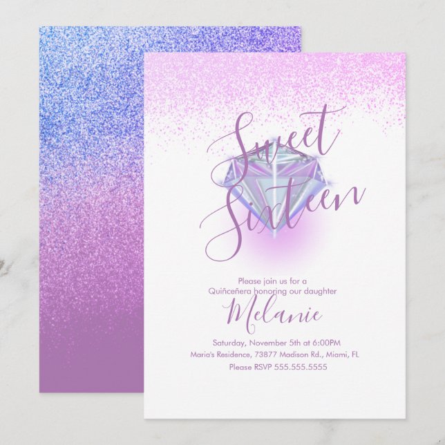 Invitation Faux Diamant Gem Violet pour Sweet Sixt (Devant / Derrière)