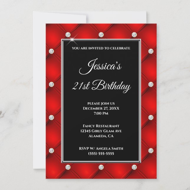 Invitation Faux Diamant Touffeté Rouge Clair 21e Anniversaire (Devant)