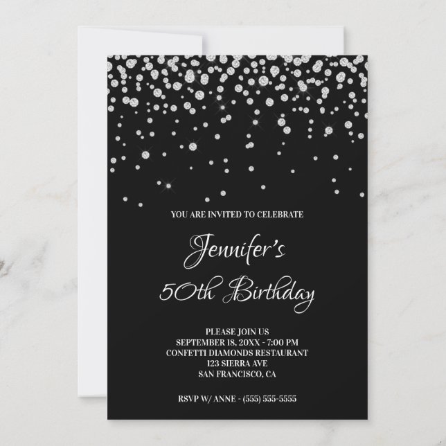 Invitation Faux Diamants 50e Anniversaire Noir (Dos)