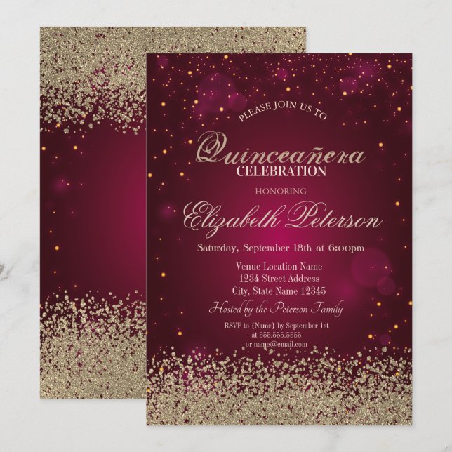 Invitation Faux Diamants Dorés Modernes Confettis Rouges Quin (Devant / Derrière)