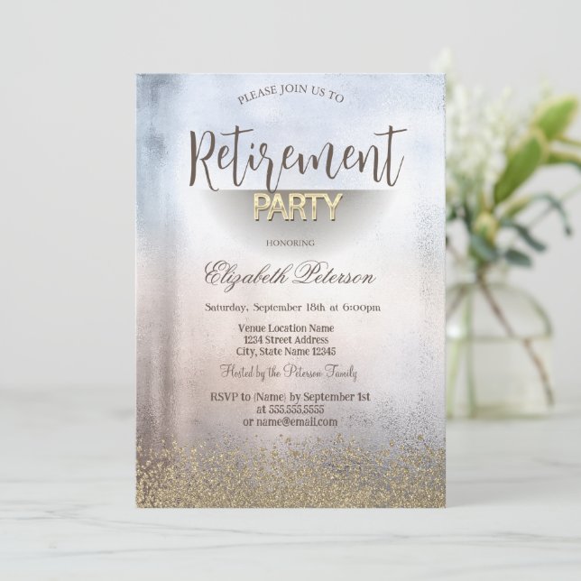 Invitation Faux Diamants en Or Moderne Métallisé Retraite (Debout devant)