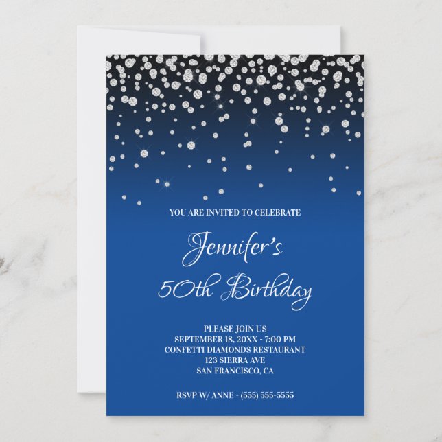 Invitation Faux Diamants et Ombre Bleu Clair 50e Anniversaire (Dos)