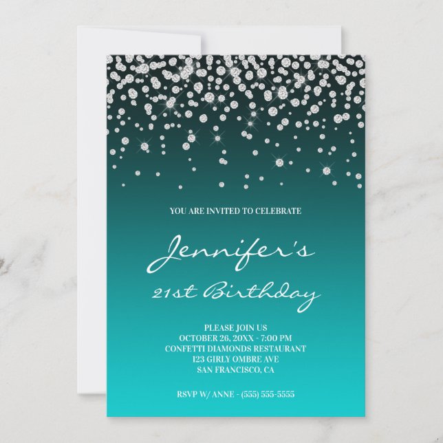 Invitation Faux Diamond Dark Turquoise Gradient 21e anniversa (Devant)