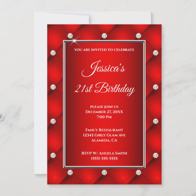Invitation Faux Diamond Tufted Bright Red Ombre 21e anniversa (Devant)