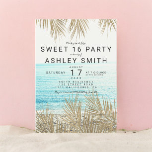 Invitation Faux d'or photo de plage de palmier Sweet 16