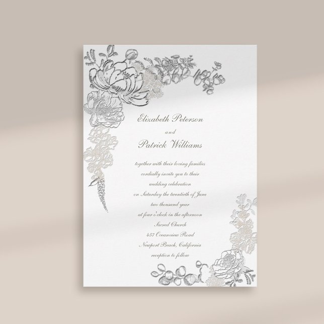 Invitation Faux Embossé Ivory Peony Mariage de calligraphie (formal traditional elegant calligraphy wedding invitation faux embossed peony ivory white classic)