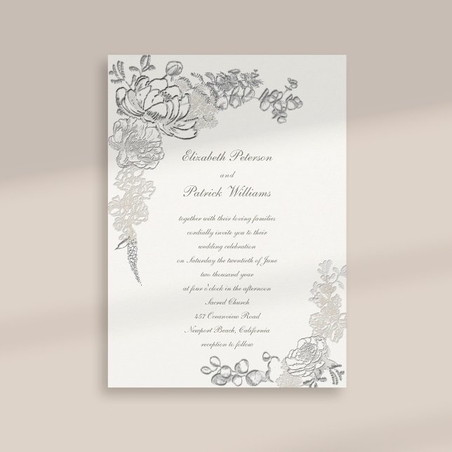 Invitation Faux Embossé Peony Chic Frame Mariage de calligrap (formal traditional elegant calligraphy wedding invitation faux embossed peony pearl classic)