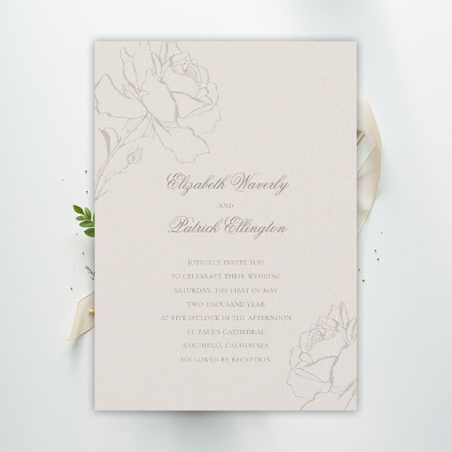 Invitation Faux Embossed Roses Ecru Formal Classic Wedding (ethereal wedding theme ecru invitation formal traditional modern classic floral roses elegant)
