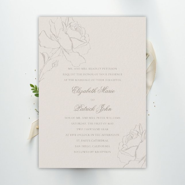Invitation Faux Embossed Roses Ecru Formal Parents Wedding (floral wedding invitation roses ecru formal traditional modern classic ballroom elegant black tie)