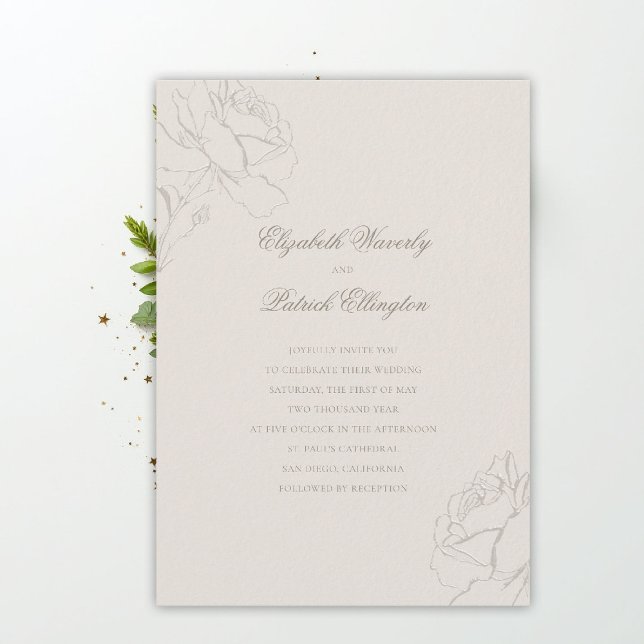 Invitation Faux Embossed Roses Ecru Modern Classic Wedding (ethereal wedding theme ecru invitation formal traditional modern classic floral roses elevated)