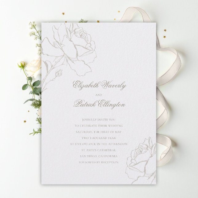 Invitation Faux Embossed Roses Pearl Formal Classic Wedding (ethereal wedding theme pearl white invitation formal traditional modern classic floral roses elegant)